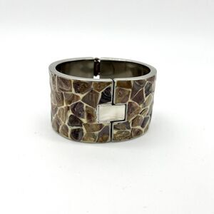 PONO Italian Designer Wide Mosaic Cuff Bracelet Brown Mother of‎ Pearl Inlay
